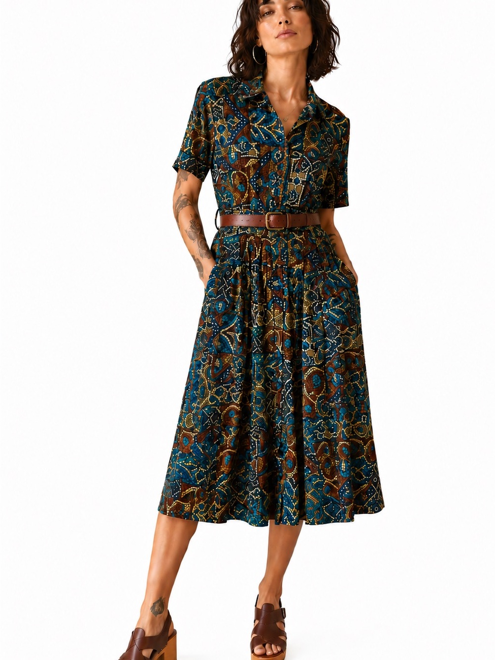 Vintage Leslie Fay Mosaic Print Shirt Dress Size 18 Retro Geometric Midi Dress
